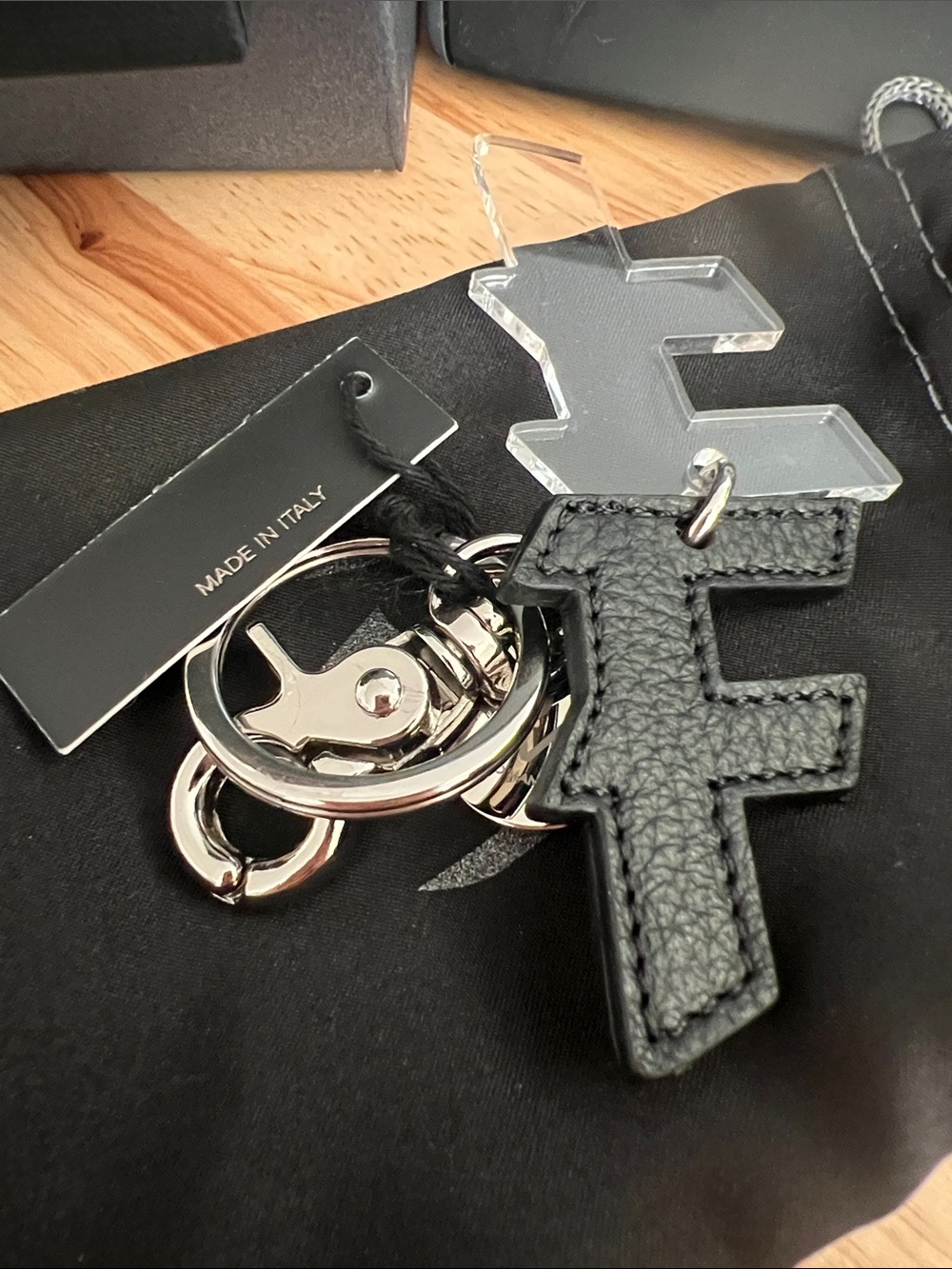 Black Leather 'F' Keychain Bag Charm with Silver Hardware - Picture 2 of 4